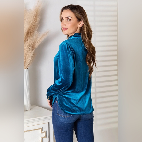 Double Take Designer Turquoise Notched Neck Buttoned Long Sleeve Blouse NWT - Picture 2 of 6